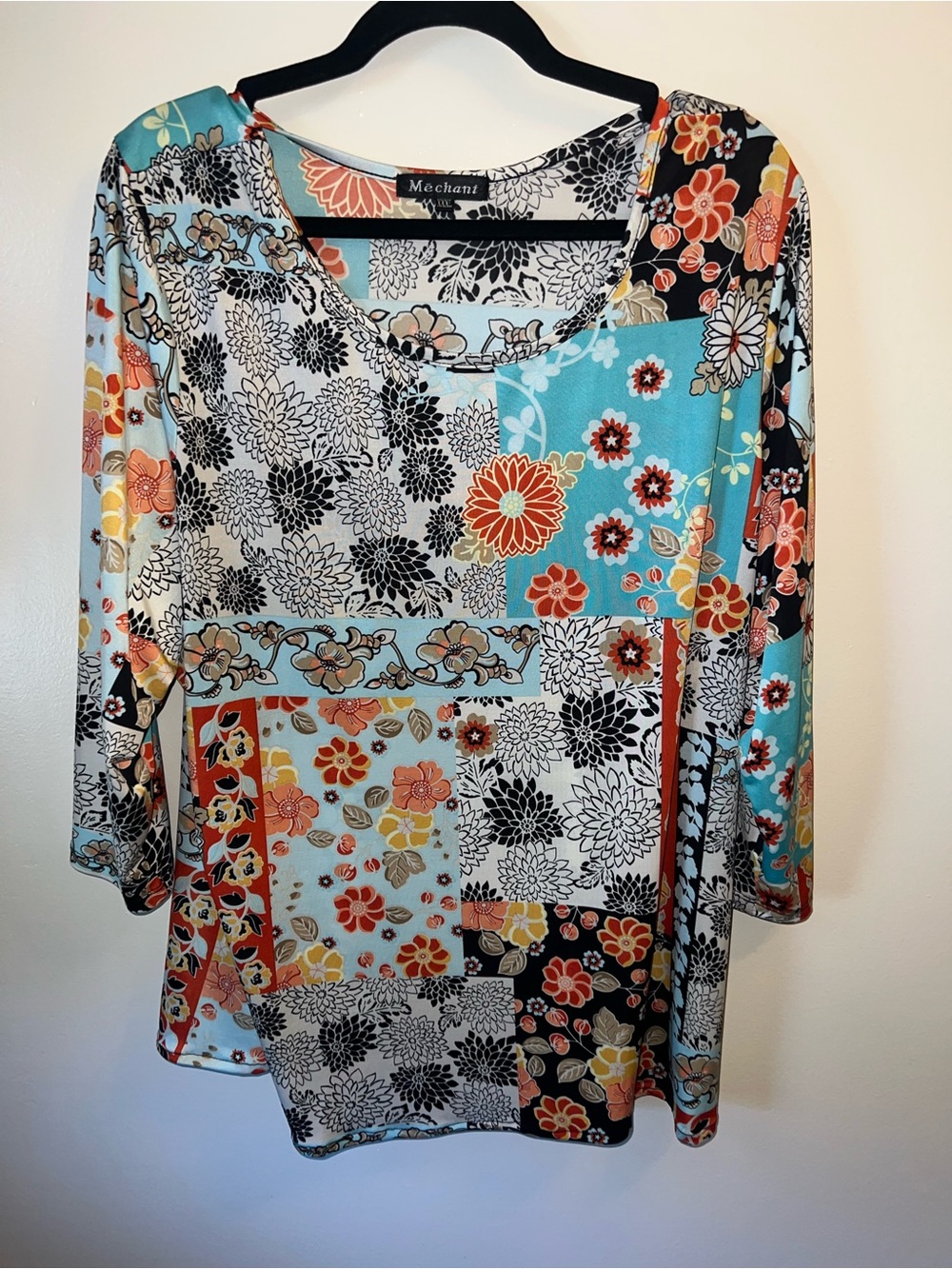 Mechant Floral Patchwork Long Sleeve Top in Turquoise, Black, Coral